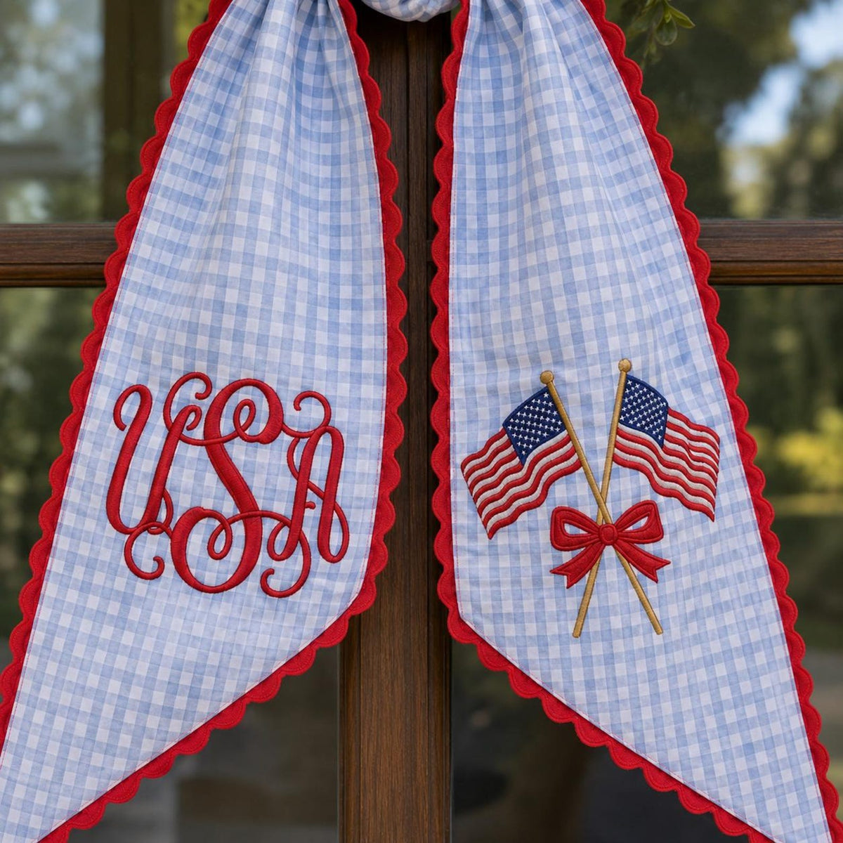 Custom Monogram Patriotic Wreath Sash, USA Flag Bow Ric Rac Wreath Sash Decor, 4th of July