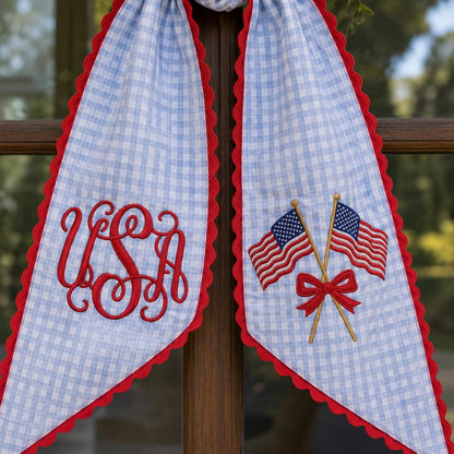 Custom Monogram Patriotic Wreath Sash, USA Flag Bow Ric Rac Wreath Sash Decor, 4th of July