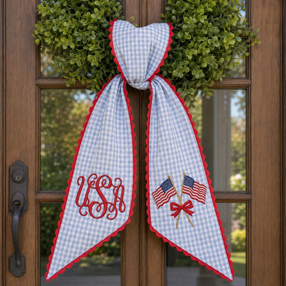 Custom Monogram Patriotic Wreath Sash, USA Flag Bow Ric Rac Wreath Sash Decor, 4th of July