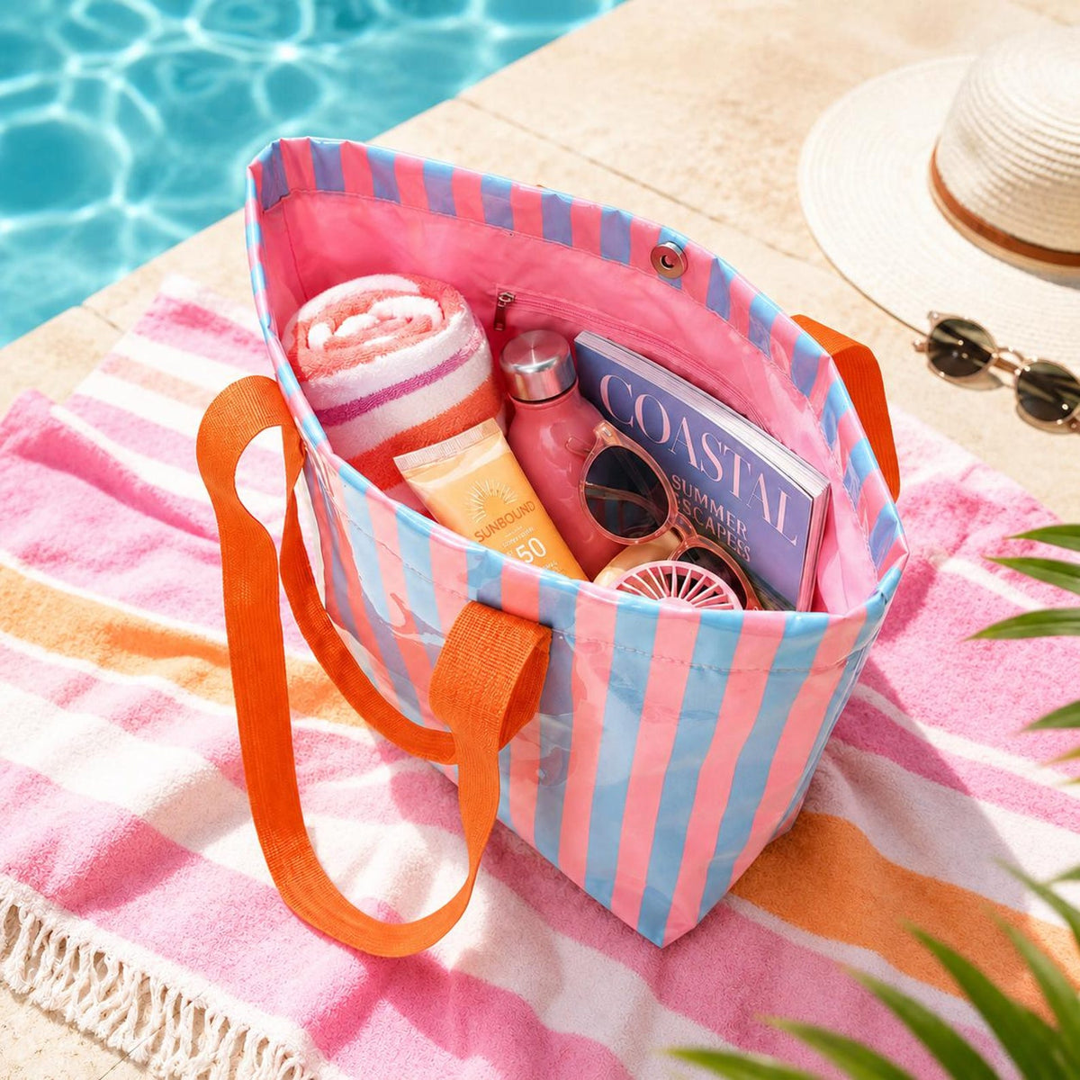 Personalized Water Resistant PVC Beach Tote, Custom Rope Name Poolside Carryall