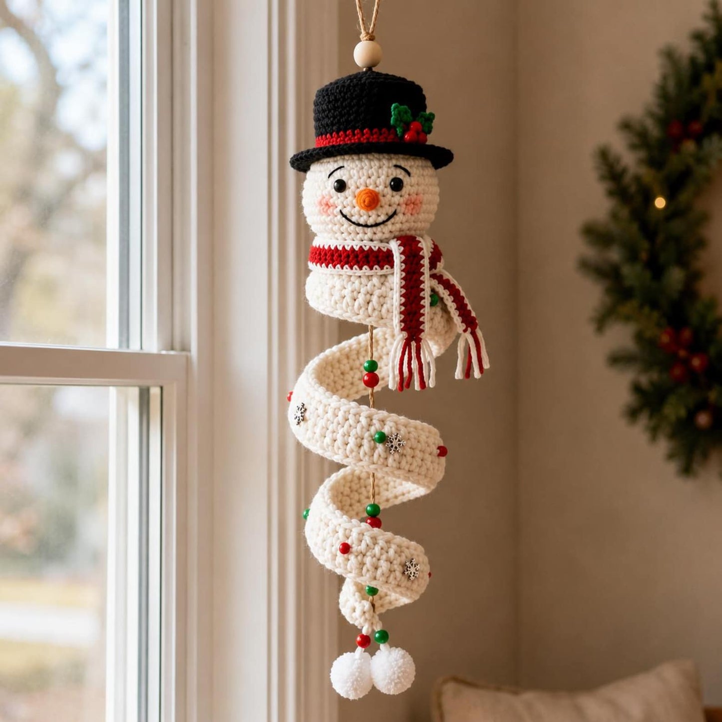 Crochet Christmas Snowman Hanging Decor, Handmade Spiral Snowman Ornament