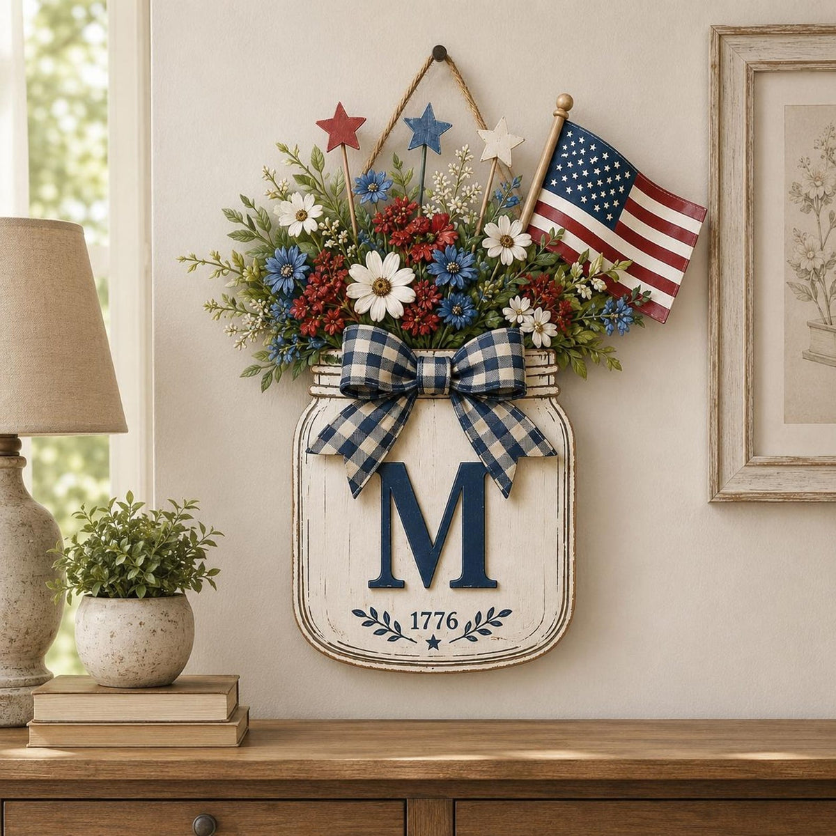 Custom Initial Door Hanger, Patriotic Floral Jar Front Door Decor