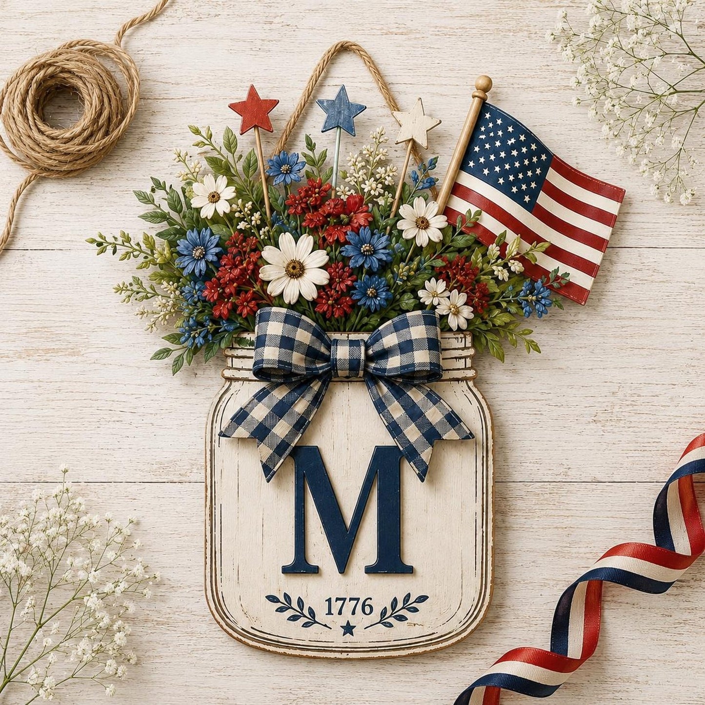 Custom Initial Door Hanger, Patriotic Floral Jar Front Door Decor