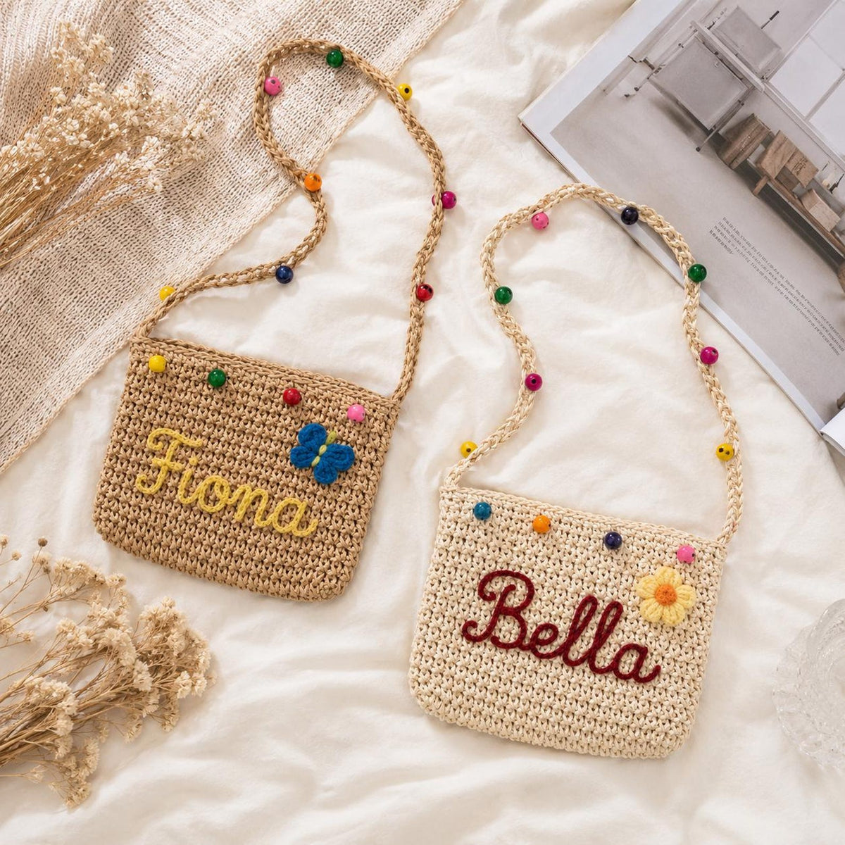 Personalized Name Straw Crossbody Bag, Custom Embroidery Kids Shoulder Bag