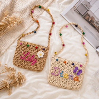 Personalized Name Straw Crossbody Bag, Custom Embroidery Kids Shoulder Bag