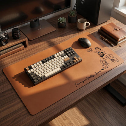 Personalized Leather Desk Mat from Photo, Custom Line Art Mouse Pad for Dad