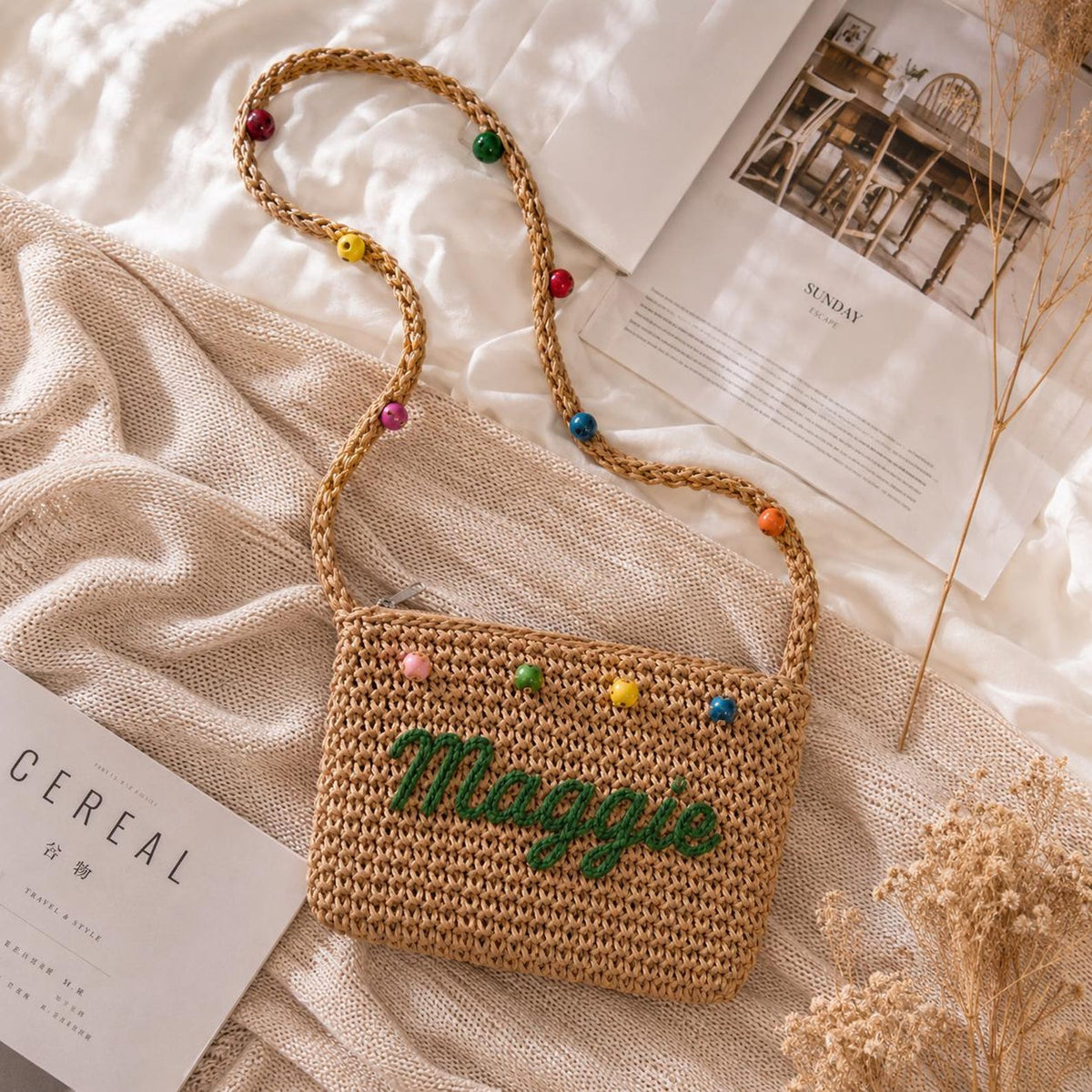Personalized Name Straw Crossbody Bag, Custom Embroidery Kids Shoulder Bag