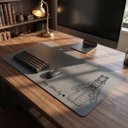 Personalized Leather Desk Mat from Photo, Custom Line Art Mouse Pad for Dad