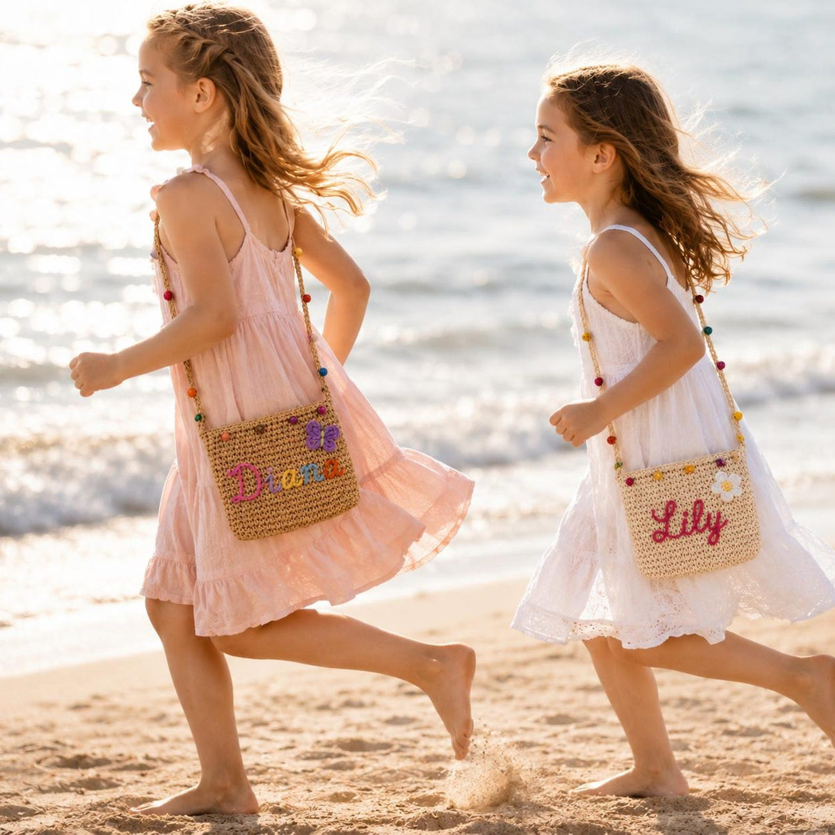 Personalized Name Straw Crossbody Bag, Custom Embroidery Kids Shoulder Bag
