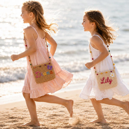 Personalized Name Straw Crossbody Bag, Custom Embroidery Kids Shoulder Bag
