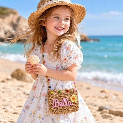 Personalized Name Straw Crossbody Bag, Custom Embroidery Kids Shoulder Bag