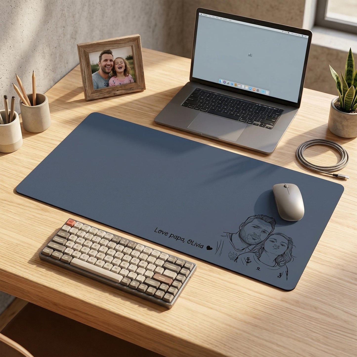 Personalized Leather Desk Mat from Photo, Custom Line Art Mouse Pad for Dad