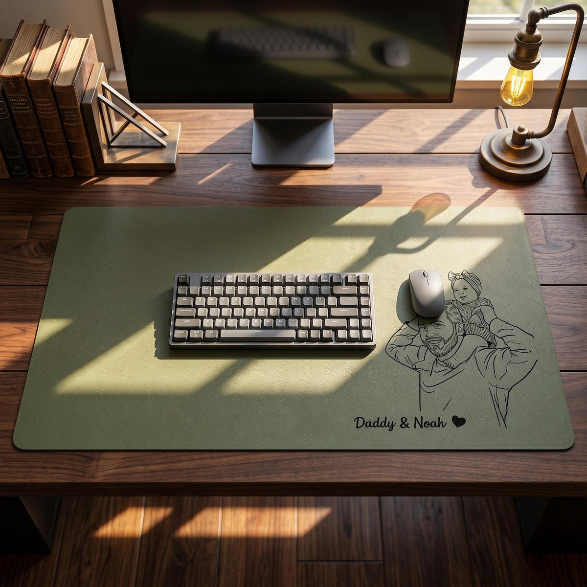 Personalized Leather Desk Mat from Photo, Custom Line Art Mouse Pad for Dad