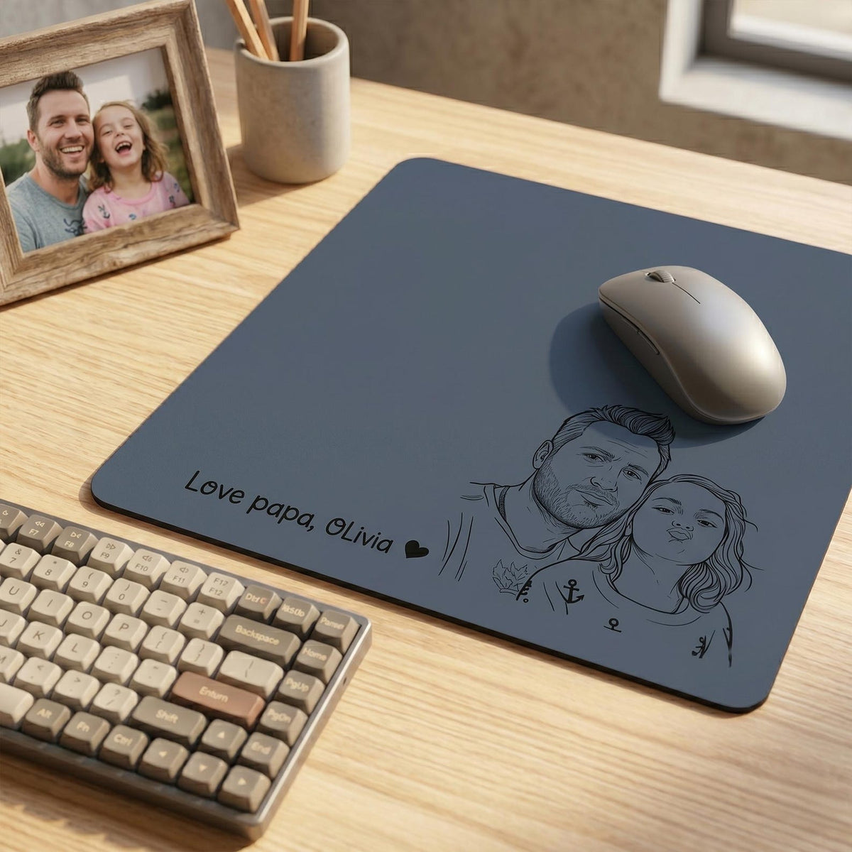 Personalized Leather Desk Mat from Photo, Custom Line Art Mouse Pad for Dad