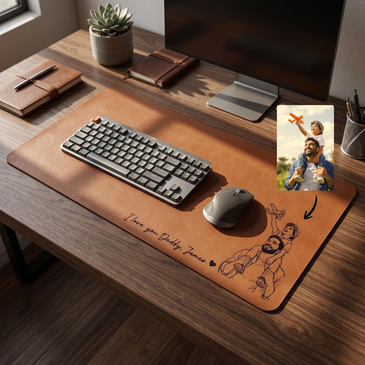 Personalized Leather Desk Mat from Photo, Custom Line Art Mouse Pad for Dad
