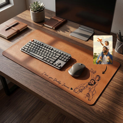 Personalized Leather Desk Mat from Photo, Custom Line Art Mouse Pad for Dad