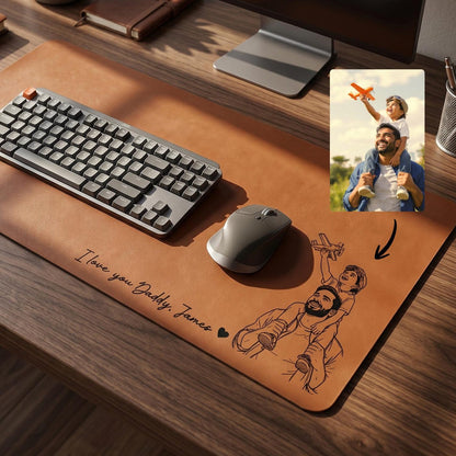 Personalized Leather Desk Mat from Photo, Custom Line Art Mouse Pad for Dad