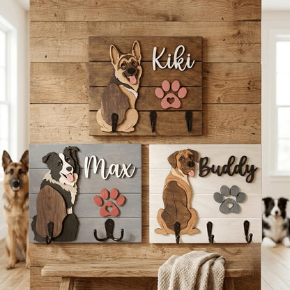 Personalized Dog Leash Holder, Custom Dog Name Sign, 3D Wooden Pet Leash Hook