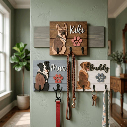 Personalized Dog Leash Holder, Custom Dog Name Sign, 3D Wooden Pet Leash Hook