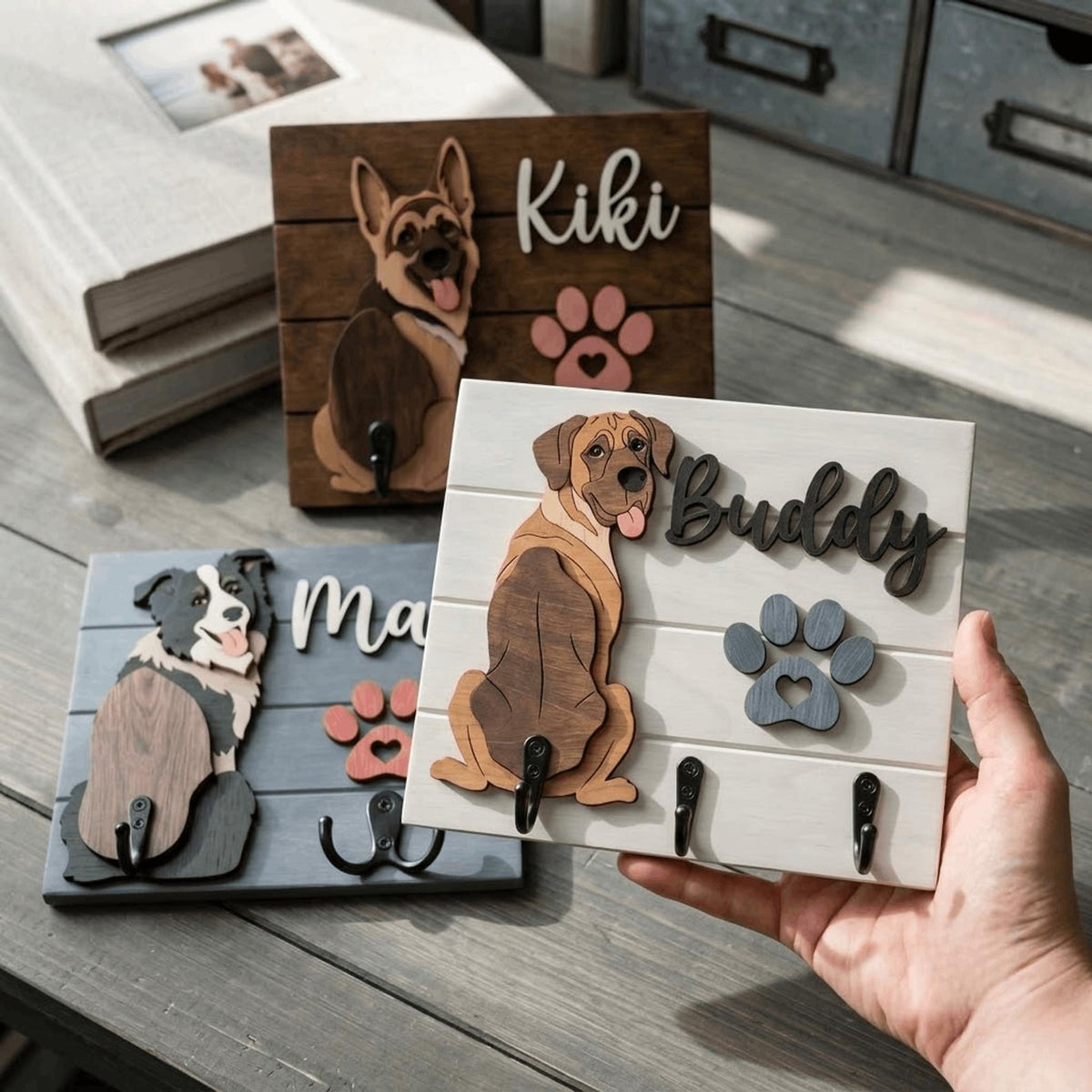 Personalized Dog Leash Holder, Custom Dog Name Sign, 3D Wooden Pet Leash Hook