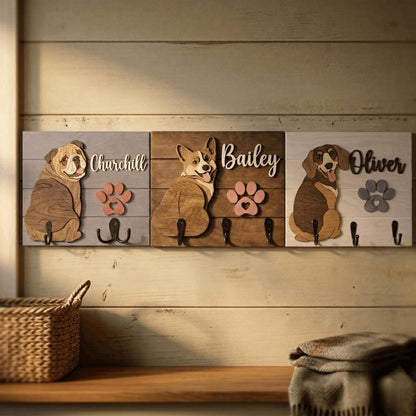 Personalized Dog Leash Holder, Custom Dog Name Sign, 3D Wooden Pet Leash Hook