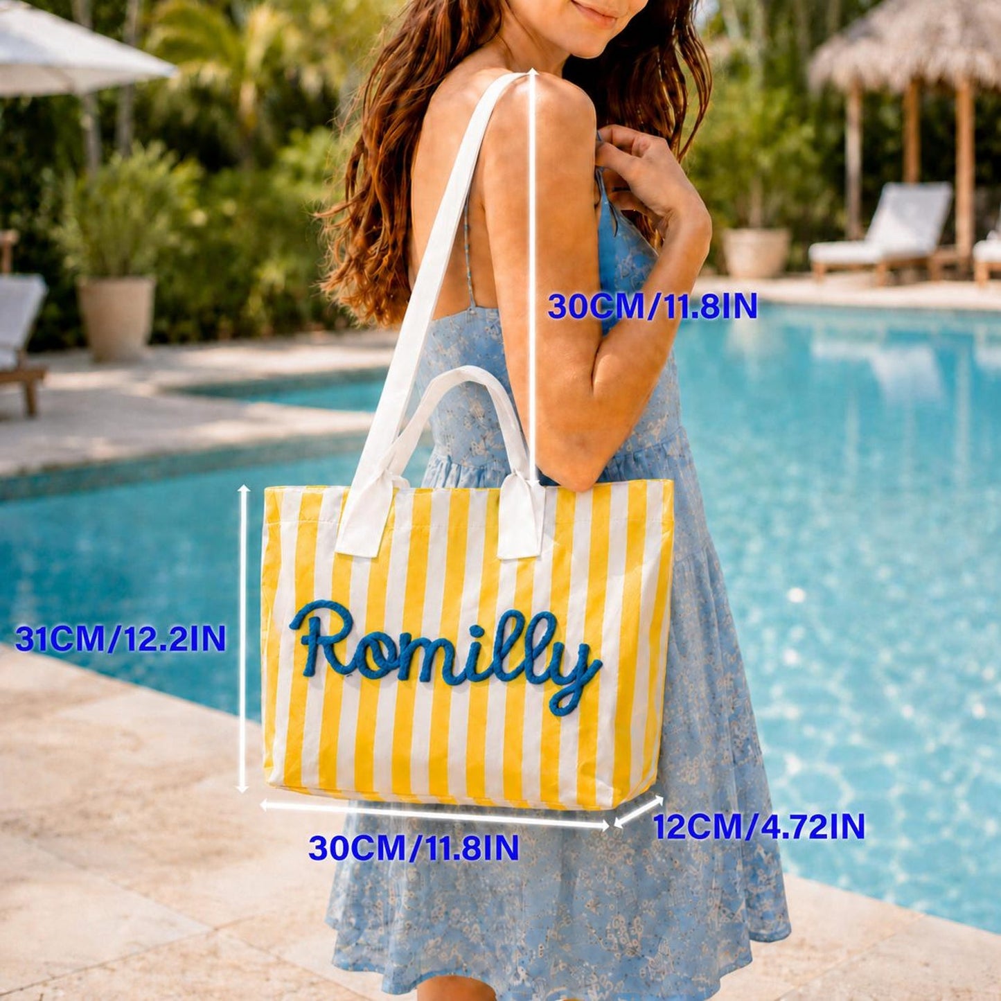 Personalized Water Resistant PVC Beach Tote, Custom Rope Name Poolside Carryall