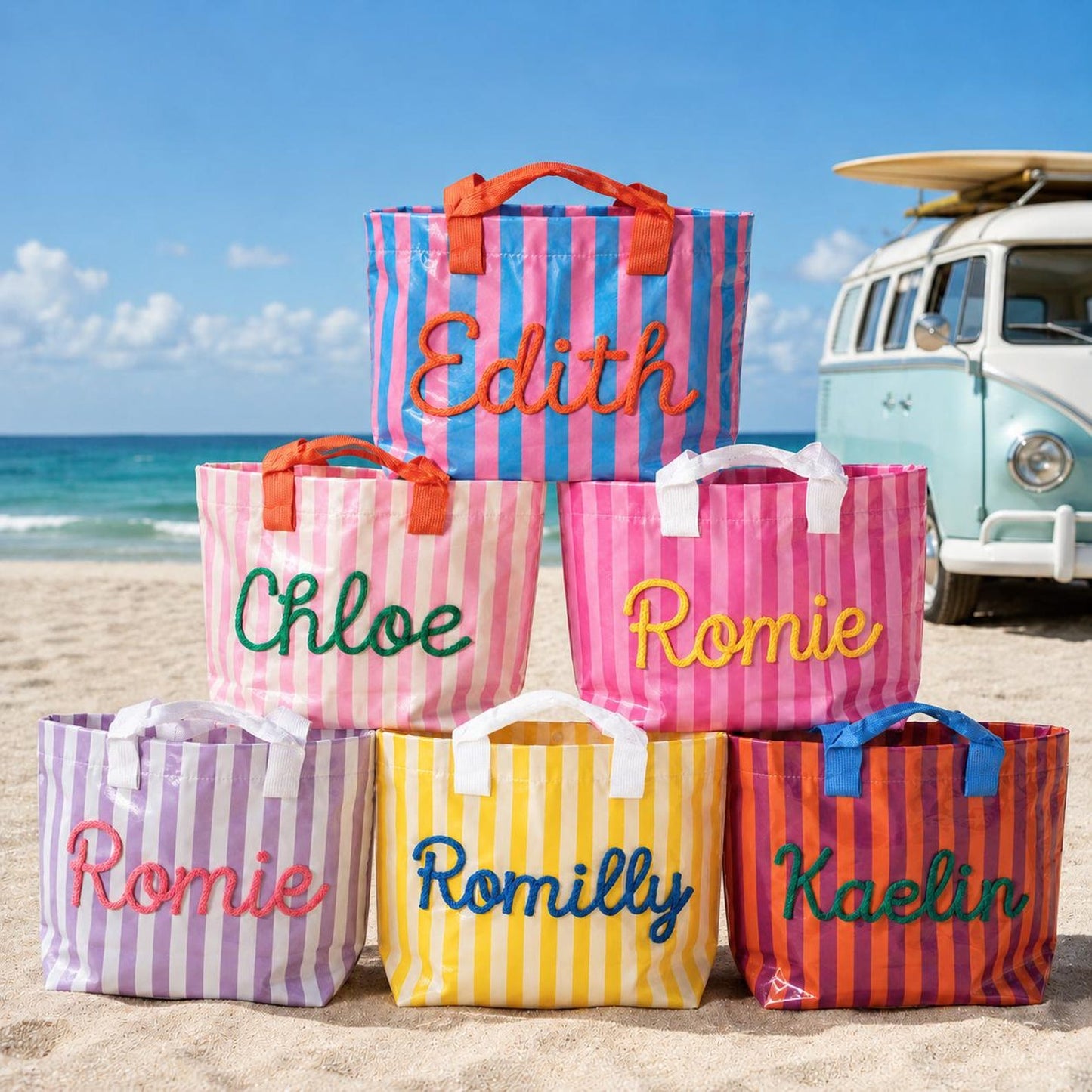 Personalized Water Resistant PVC Beach Tote, Custom Rope Name Poolside Carryall
