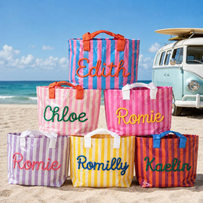 Personalized Water Resistant PVC Beach Tote, Custom Rope Name Poolside Carryall