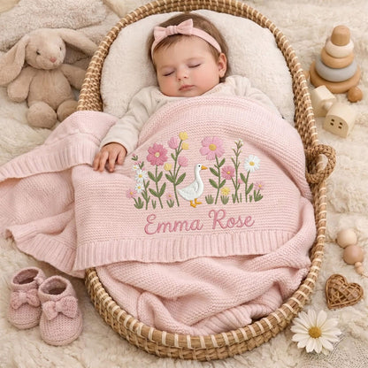Personalized Embroidered Goose Floral Baby Blanket - Duck Wildflower Knit Throw, Newborn Blanket