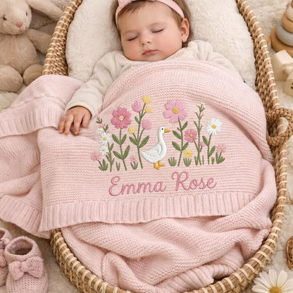 Personalized Embroidered Goose Floral Baby Blanket - Duck Wildflower Knit Throw, Newborn Blanket