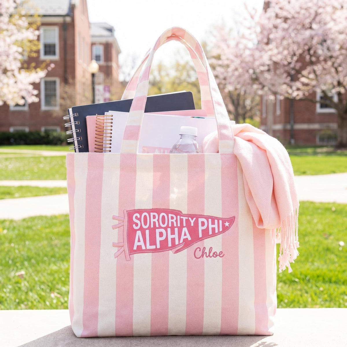 Personalized College Pennant Tote Bag with Name, School Spirit Striped Canvas Tote