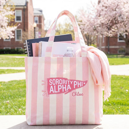 Personalized College Pennant Tote Bag with Name, School Spirit Striped Canvas Tote