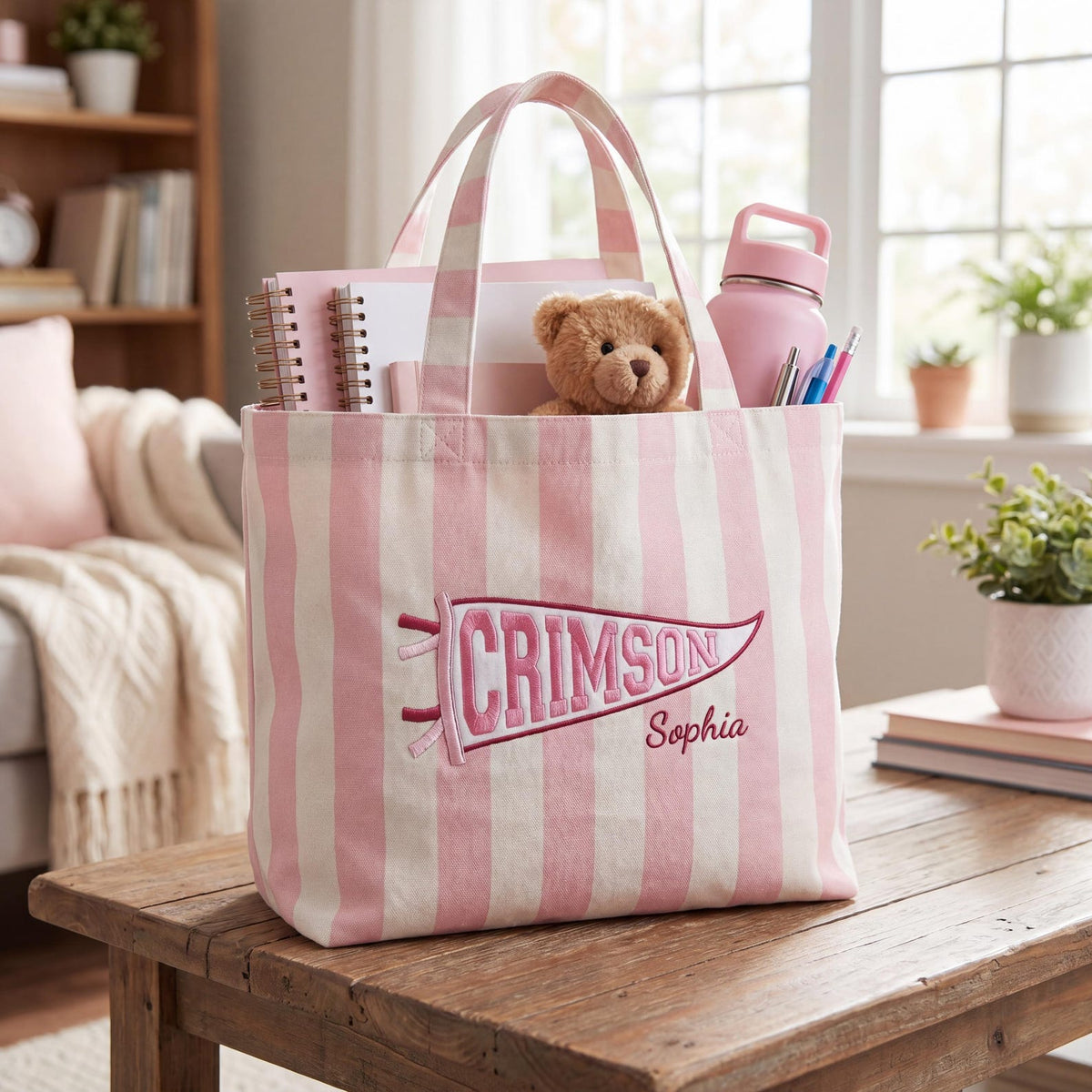 Personalized College Pennant Tote Bag with Name, School Spirit Striped Canvas Tote
