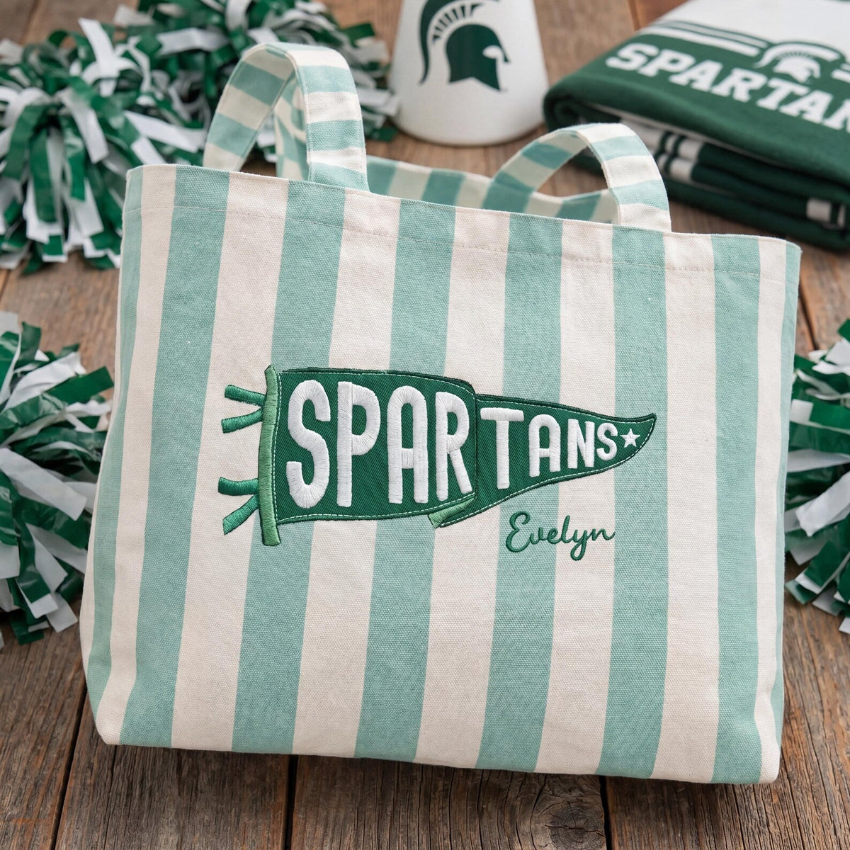 Personalized College Pennant Tote Bag with Name, School Spirit Striped Canvas Tote