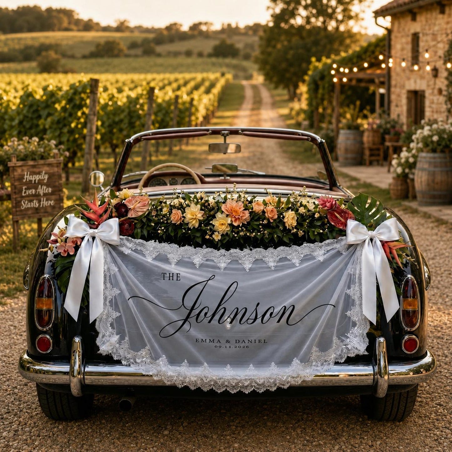 Personalized White Lace Wedding Car Banner, Custom Name and Date Fabric Sign