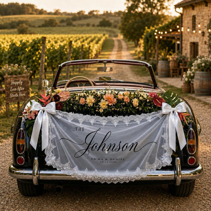 Personalized White Lace Wedding Car Banner, Custom Name and Date Fabric Sign