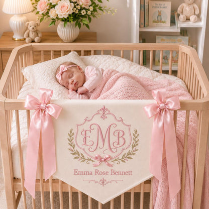 Embroidered Baby Name Banner, Personalized Monogram Nursery Pennant, Satin Ribbon Crib Decor