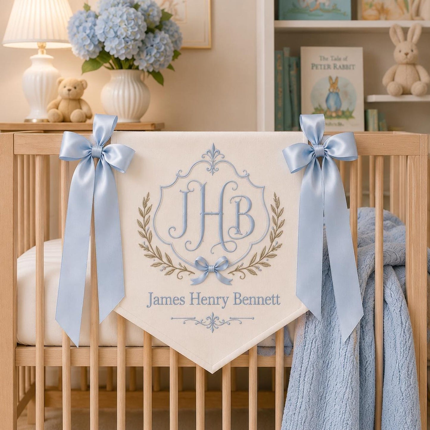 Embroidered Baby Name Banner, Personalized Monogram Nursery Pennant, Satin Ribbon Crib Decor