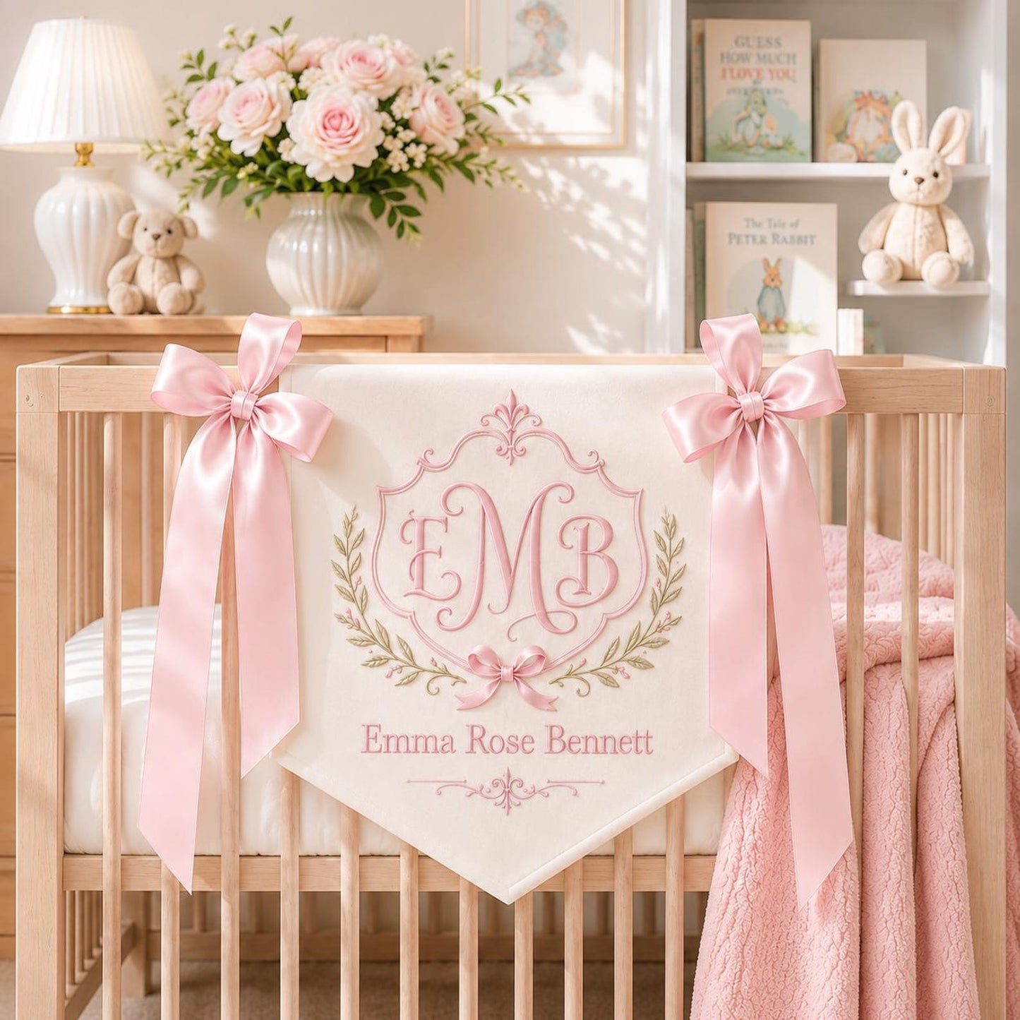 Embroidered Baby Name Banner, Personalized Monogram Nursery Pennant, Satin Ribbon Crib Decor