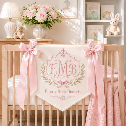Embroidered Baby Name Banner, Personalized Monogram Nursery Pennant, Satin Ribbon Crib Decor