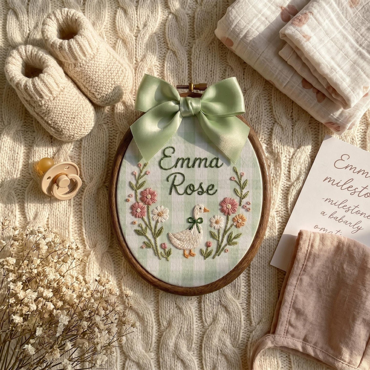 Personalized Goose Baby Name Sign, Custom Embroidered Nursery Name Hoop