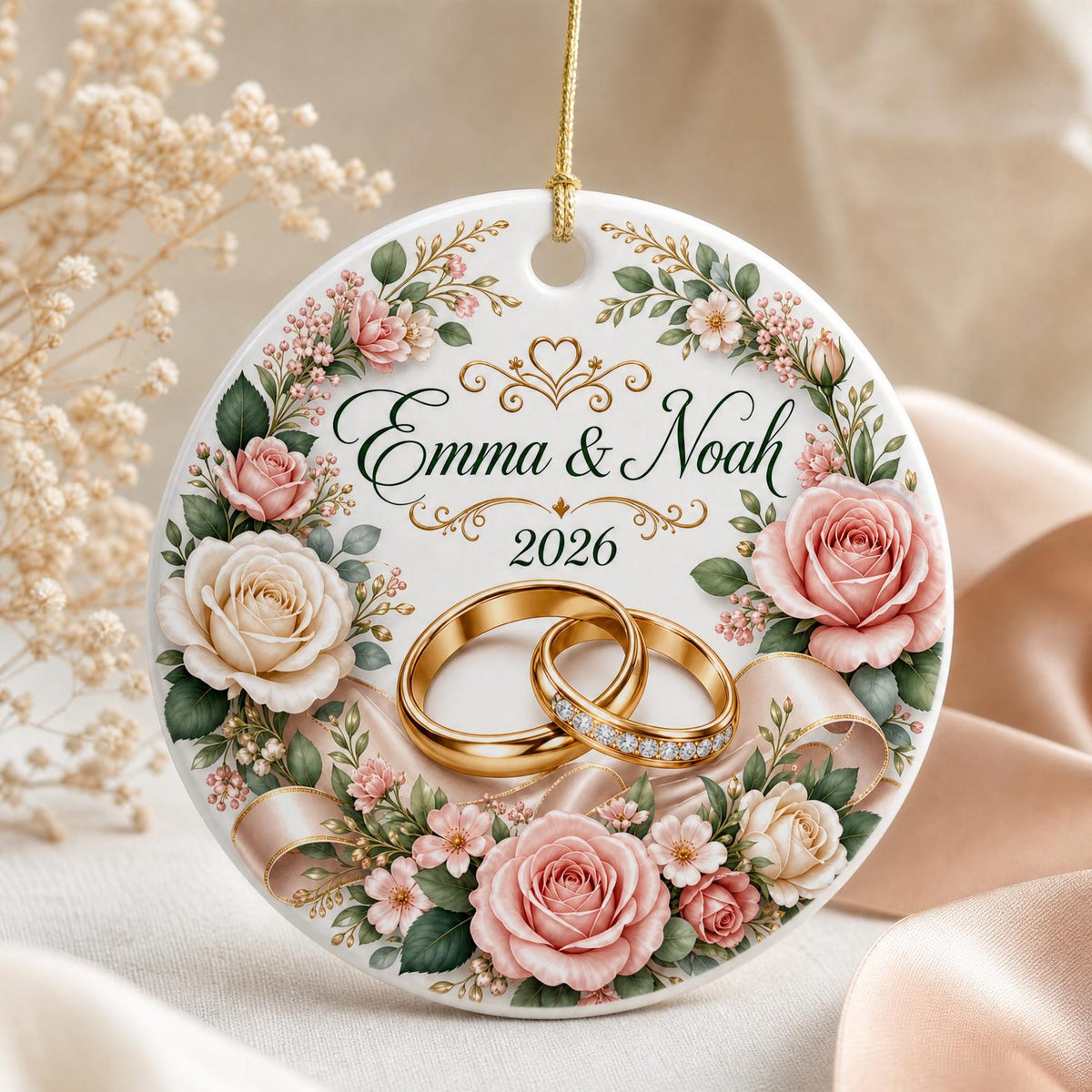 Personalized Wedding Ceramic Ornament, Newlywed Gift, Custom Name Date Keepsake, Bridal Shower Gift