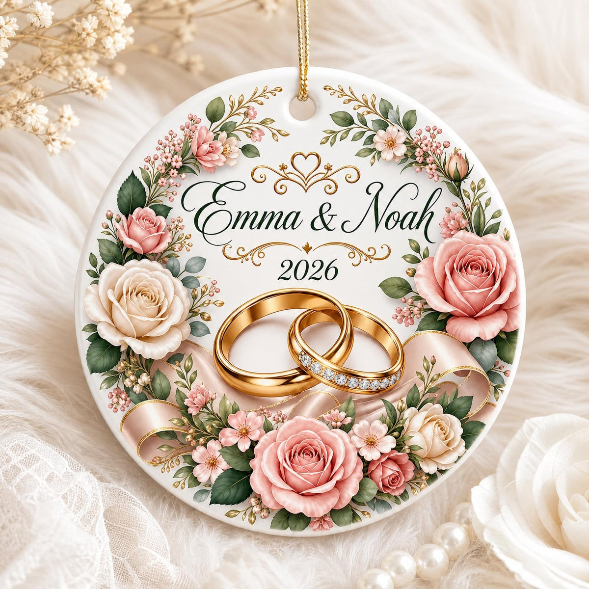 Personalized Wedding Ceramic Ornament, Newlywed Gift, Custom Name Date Keepsake, Bridal Shower Gift