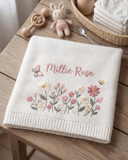 Personalized Floral Embroidered Baby Blanket - Custom Name Knitted Throw