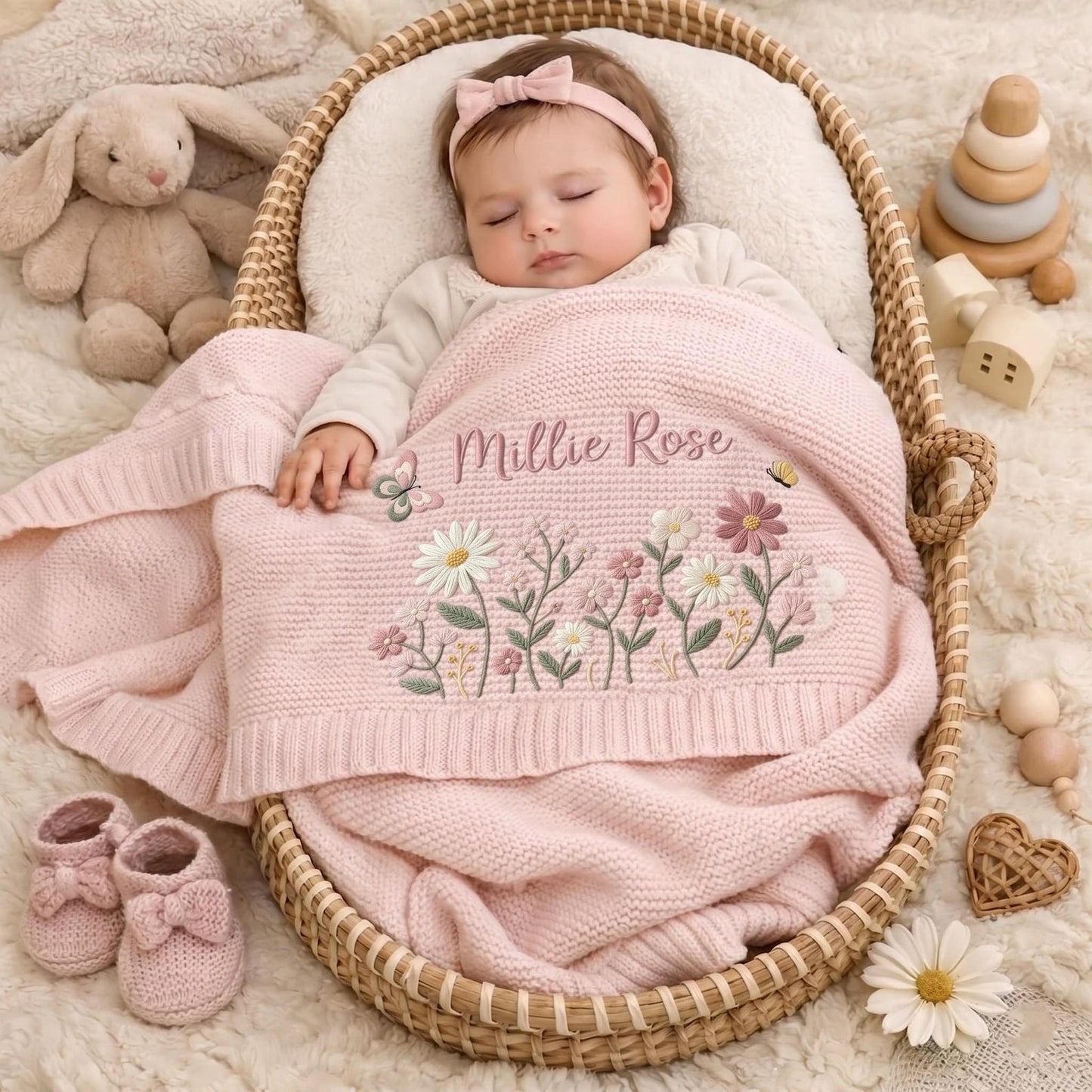 Personalized Floral Embroidered Baby Blanket - Custom Name Knitted Throw