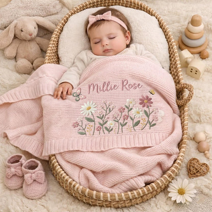 Personalized Floral Embroidered Baby Blanket - Custom Name Knitted Throw