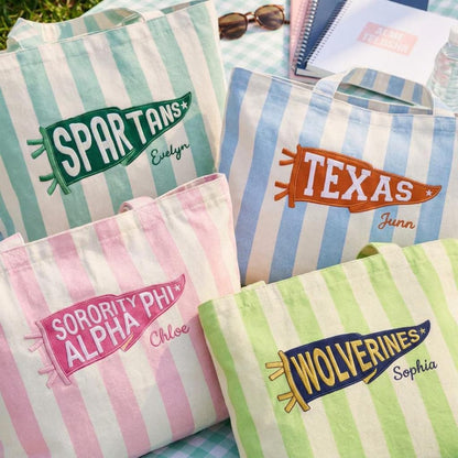 Personalized College Pennant Tote Bag with Name, School Spirit Striped Canvas Tote
