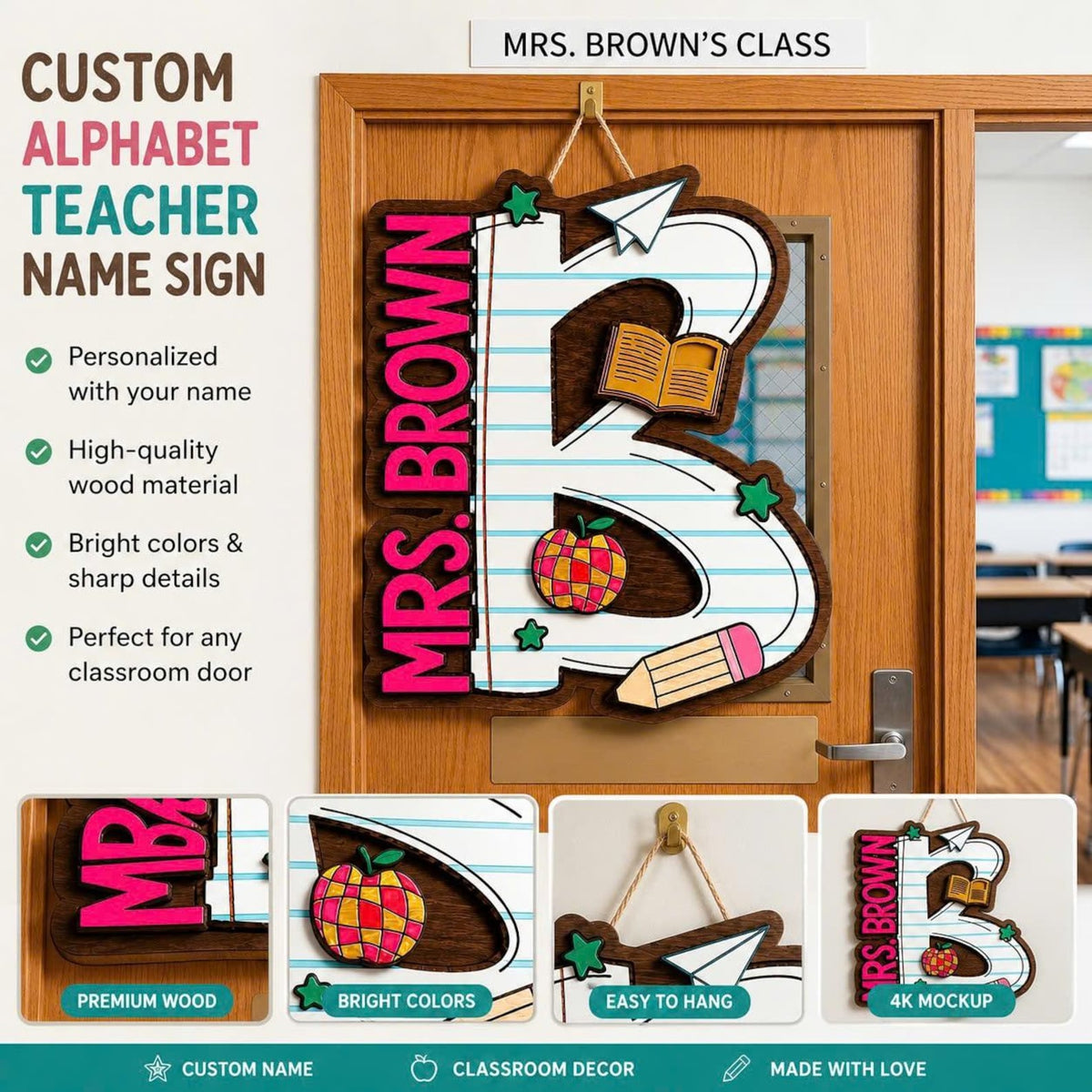 Personalized Alphabet Teacher Door Hanger, Back To School Teacher Gift