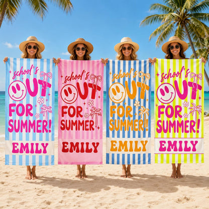 School Out For Summer Beach Towel, Custom Name Towel, End of Year Teacher Gifts