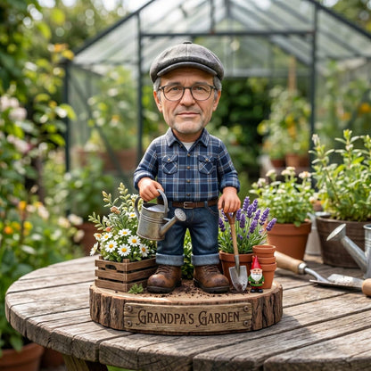 Personalized Grandpa Garden Gnome 2D FLAT Wooden Block, Custom Photo Caricature Plaque Sign
